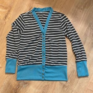 Women’s Striped Dark Grey & White Cardigan with Teal Trim - Size M